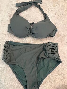 High-Waist Olive Green Women’s Halter Bikini Set